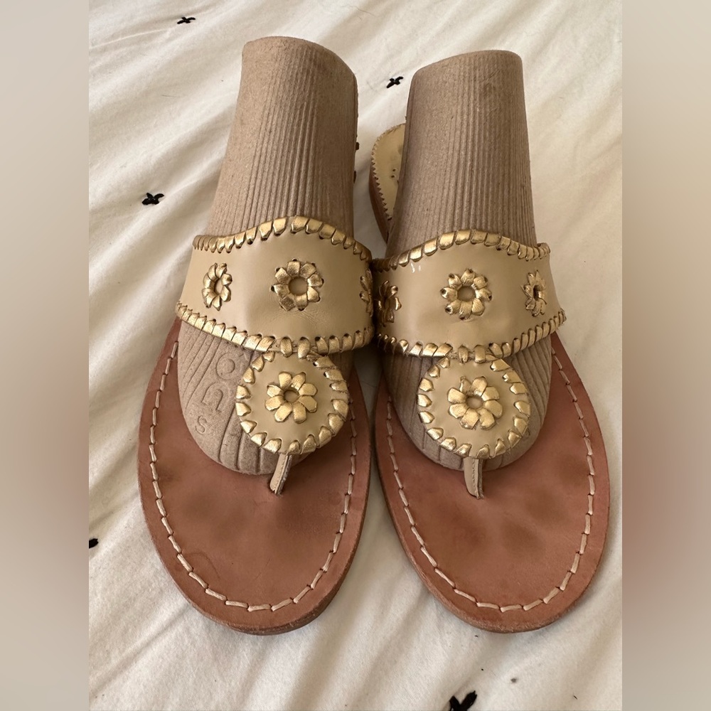 Jack Rogers Gold and Tan Leather Thong Sandals